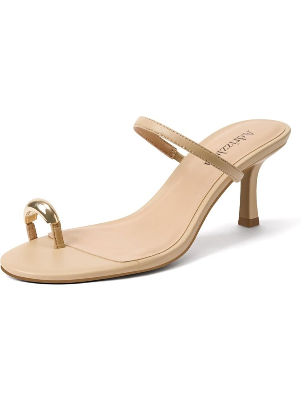 Women's Kitten Heels Metallic Toe Ring Nude Heeled Sandals Slip On Heels